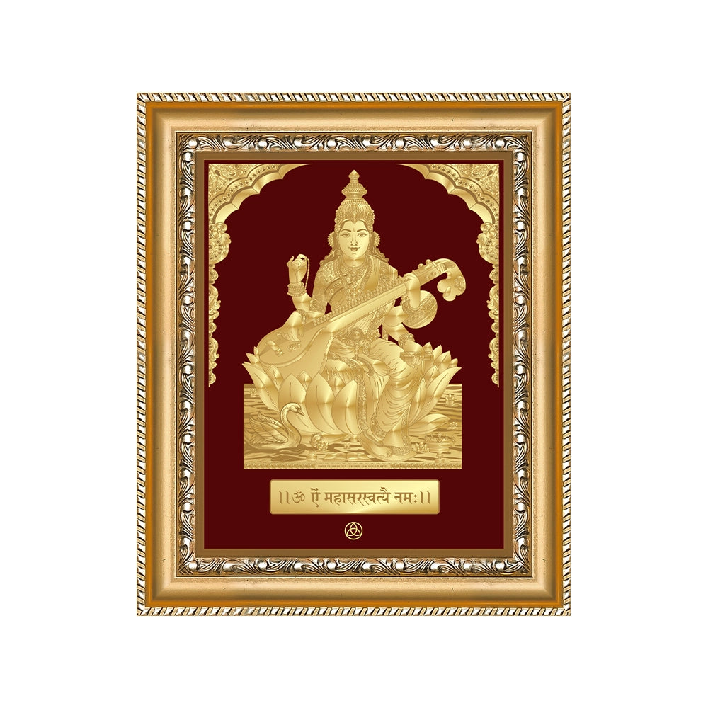 Goddess Saraswati | Divine Mother of Wisdom & Arts Gold on Gold Wall Hanging Frame in 24K Gold Plated Foil