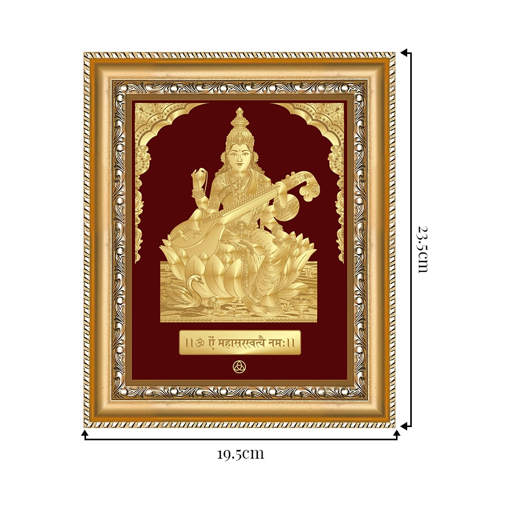 Goddess Saraswati | Divine Mother of Wisdom & Arts Gold on Gold Wall Hanging Frame in 24K Gold Plated Foil