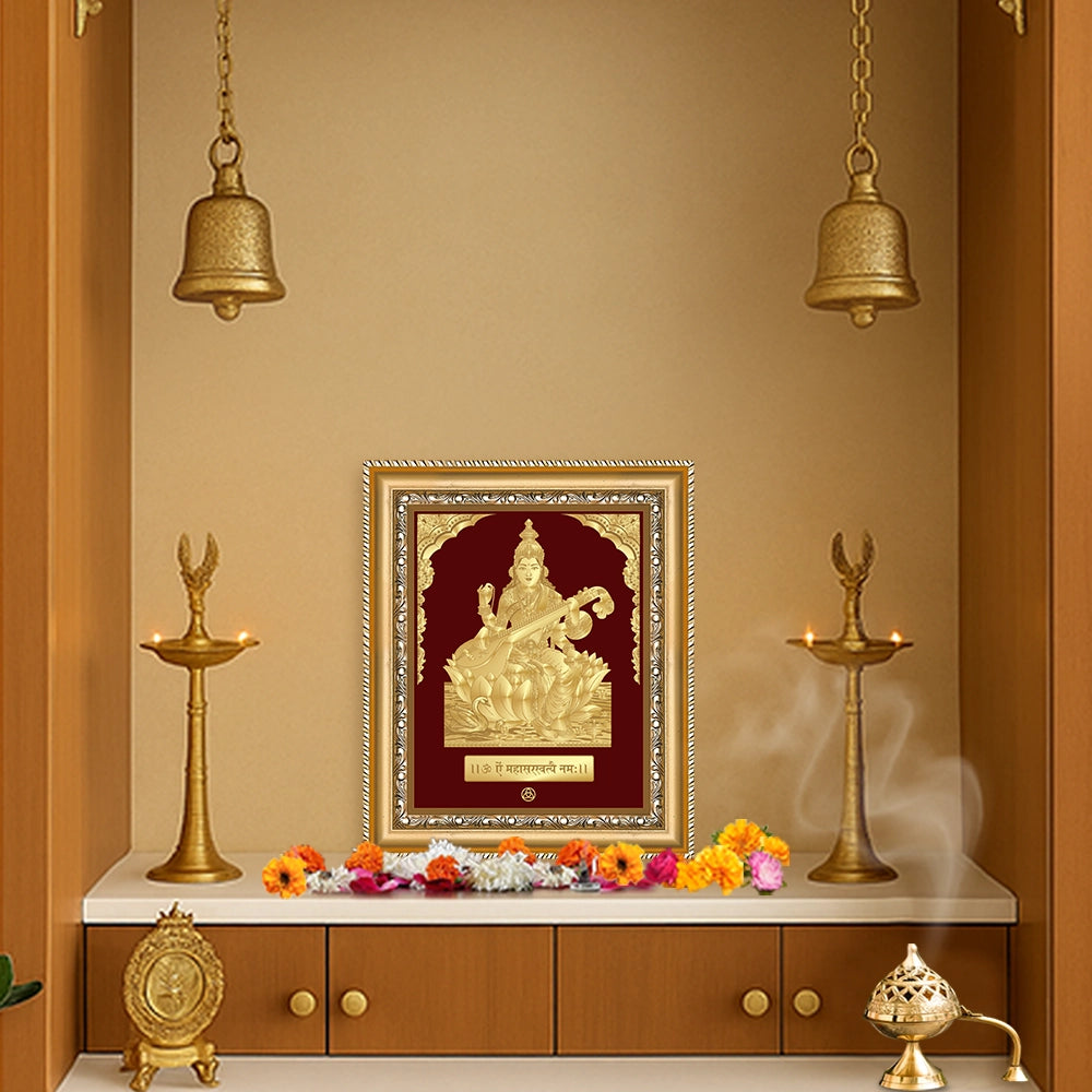 Goddess Saraswati | Divine Mother of Wisdom & Arts Gold on Gold Wall Hanging Frame in 24K Gold Plated Foil