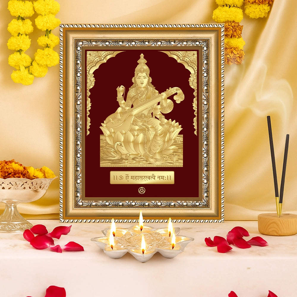 Goddess Saraswati | Divine Mother of Wisdom & Arts Gold on Gold Wall Hanging Frame in 24K Gold Plated Foil