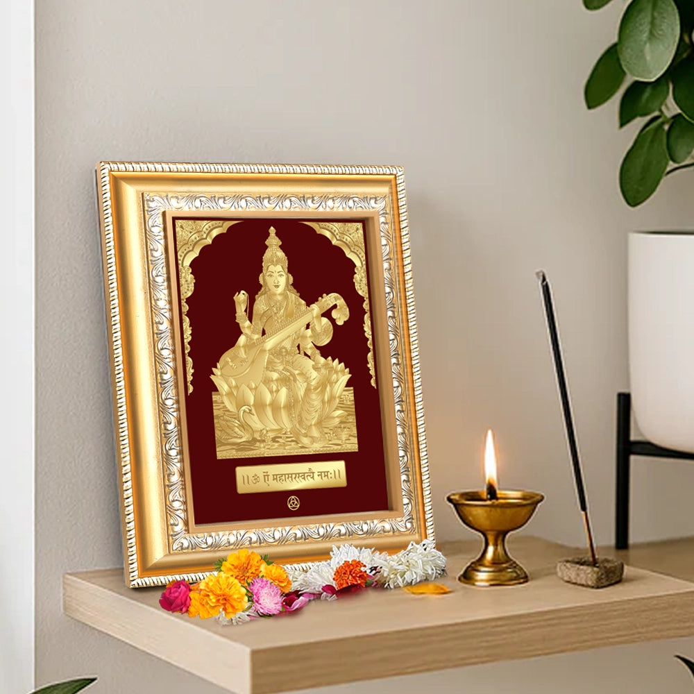 Goddess Saraswati | Divine Mother of Wisdom & Arts Gold on Gold Wall Hanging Frame in 24K Gold Plated Foil