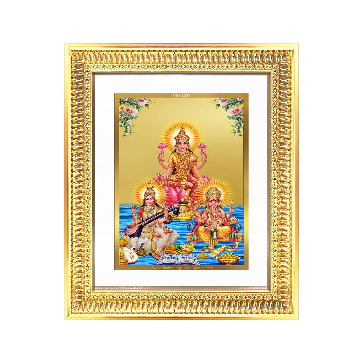 Goddess Lakshmi, Saraswati & Lord Ganesha | Divine Trio Wall Mount Photo Frame in 24K Gold Plated Foil