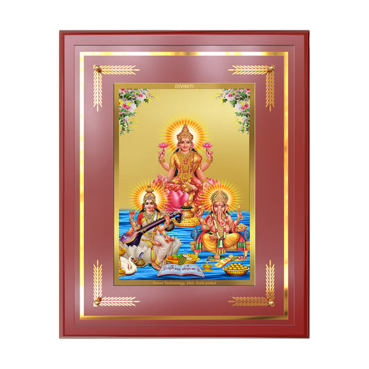 Goddess Lakshmi Saraswati & Lord Ganesha | Divine Trio Wall Mount Photo Frame in 24K Gold Plated Foil.