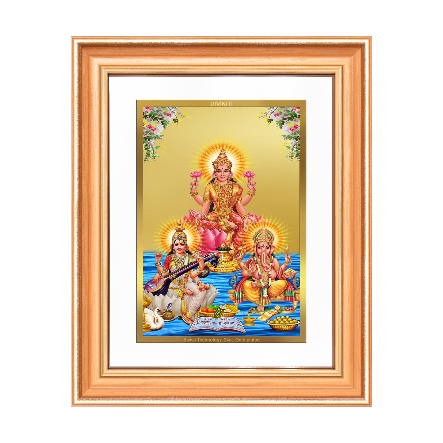Goddess Lakshmi Saraswati & Lord Ganesha | Divine Trio Wall Mount Photo Frame in 24K Gold Plated Foil