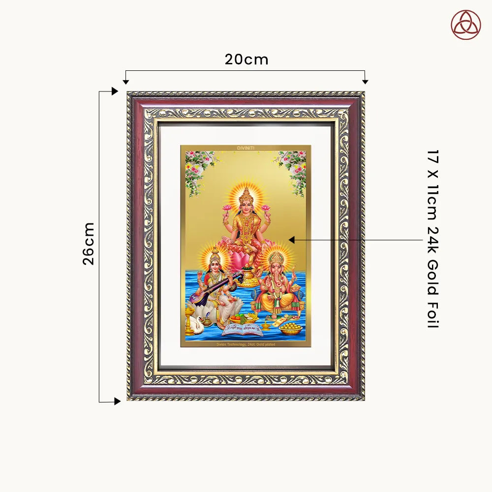Goddess Lakshmi, Saraswati & Lord Ganesha | Divine Trio Wall & Tabletop Photo Frame in 24K Gold Plated Foil