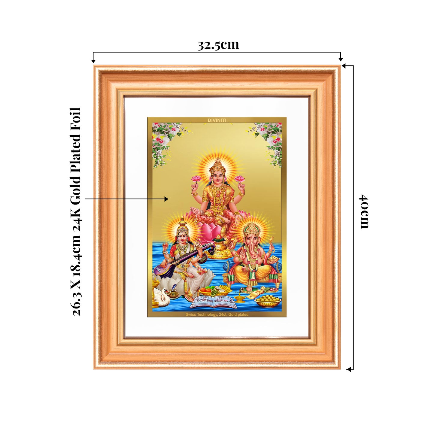 Goddess Lakshmi Saraswati & Lord Ganesha | Divine Trio Wall Mount Photo Frame in 24K Gold Plated Foil