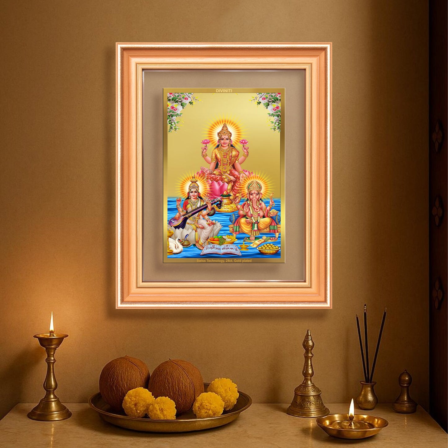 Goddess Lakshmi Saraswati & Lord Ganesha | Divine Trio Wall Mount Photo Frame in 24K Gold Plated Foil