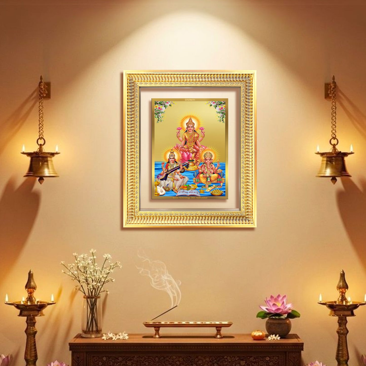 Goddess Lakshmi, Saraswati & Lord Ganesha | Divine Trio Wall Mount Photo Frame in 24K Gold Plated Foil