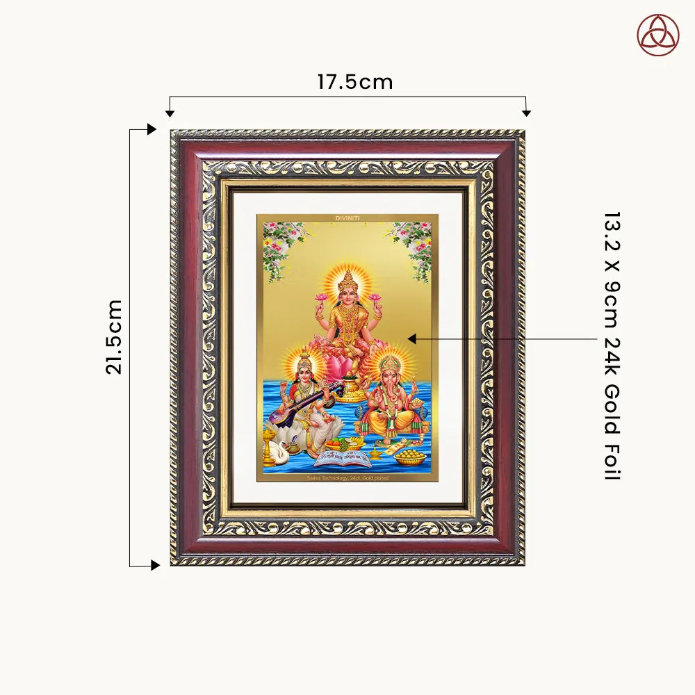 Goddess Lakshmi, Saraswati & Lord Ganesha | Divine Trio Wall & Tabletop Photo Frame in 24K Gold Plated Foil
