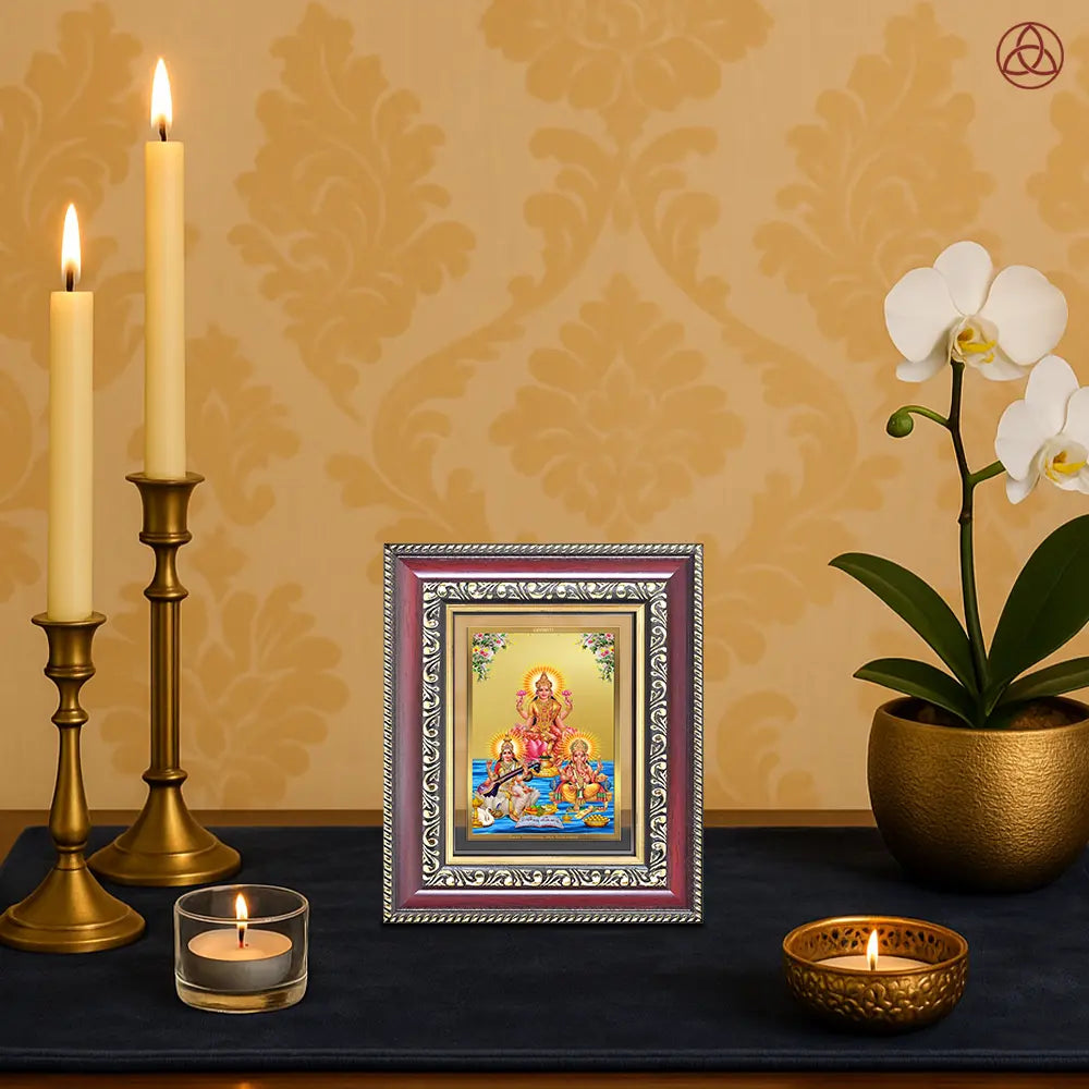 Goddess Lakshmi, Saraswati & Lord Ganesha | Divine Trio Tabletop Frame in 24K Gold Plated Foil