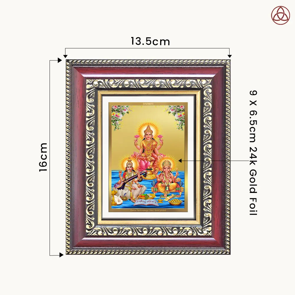 Goddess Lakshmi, Saraswati & Lord Ganesha | Divine Trio Tabletop Frame in 24K Gold Plated Foil