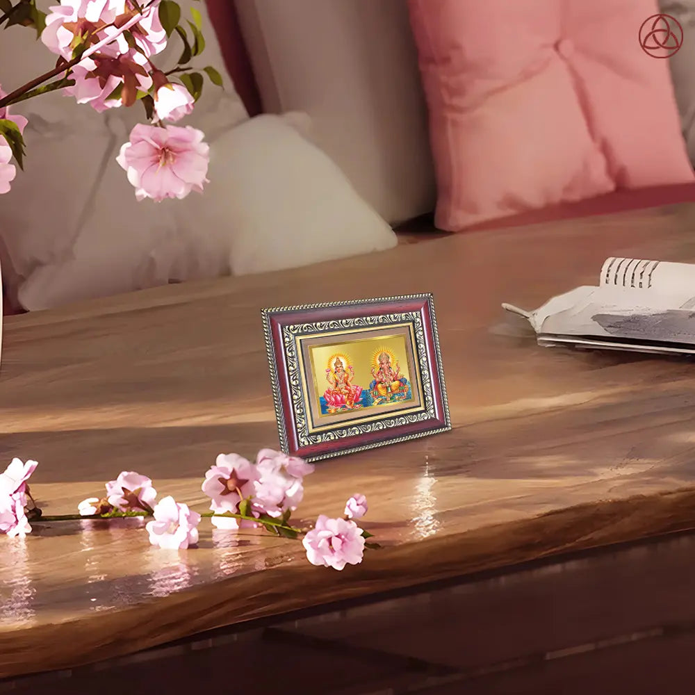 Goddess Lakshmi, Saraswati & Lord Ganesha | Divine Trio Tabletop Frame in 24K Gold Plated Foil