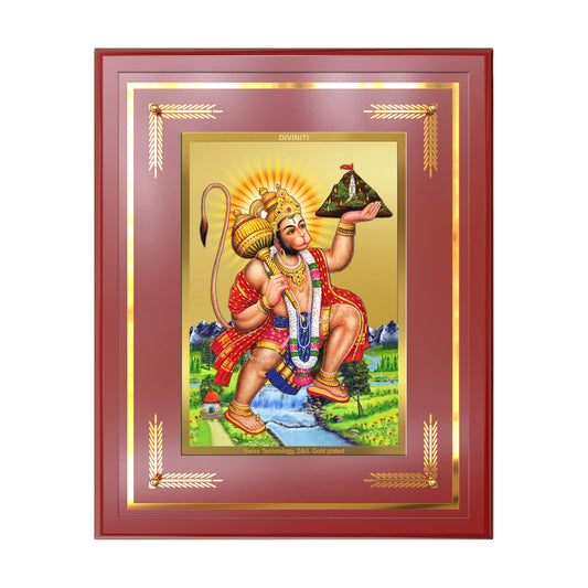 Hanuman Carrying Sanjeevani Mountain wall mount photo frame in 24K gold plated foil.