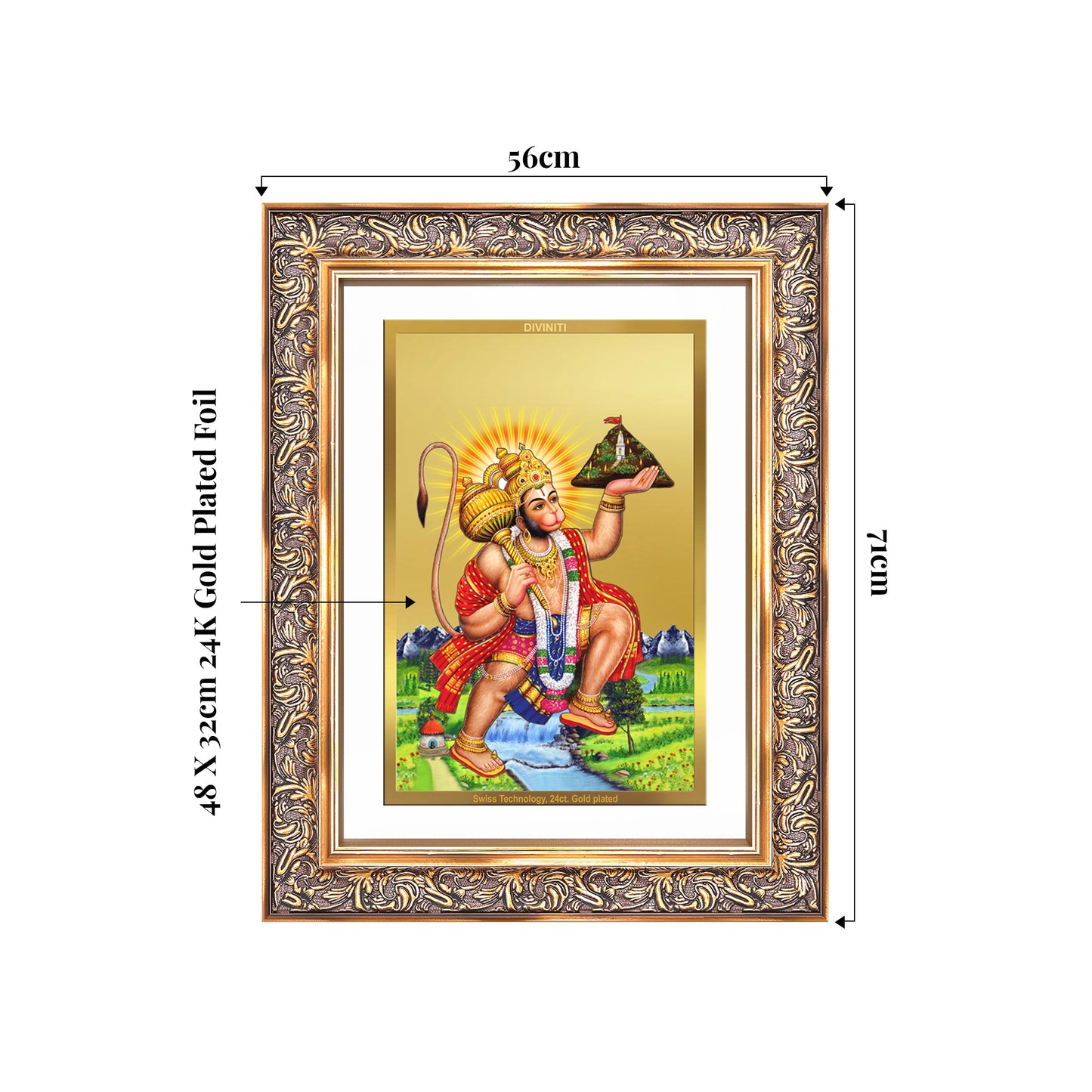 Hanuman Carrying Sanjeevani Mountain | Lord Hanuman Wall Mount Photo Frame in 24K Gold Plated Foil