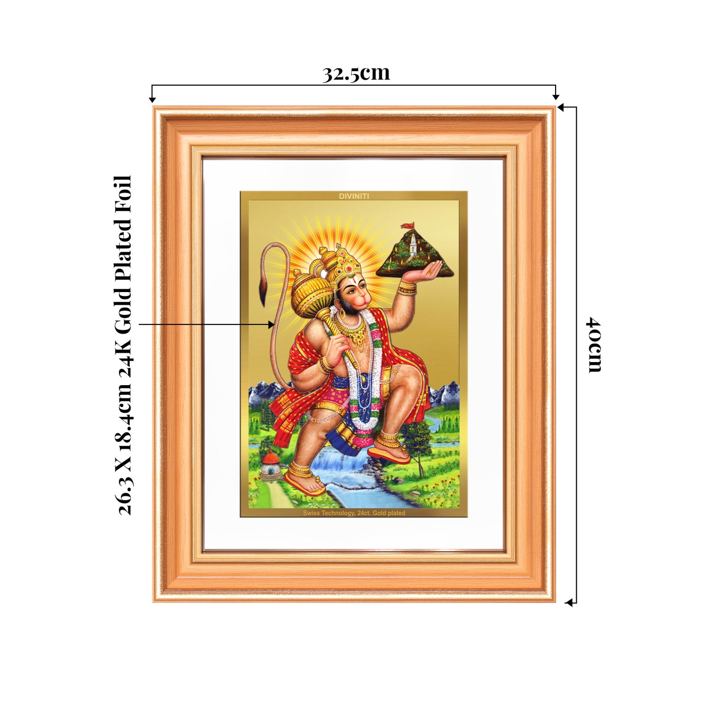 Hanuman Carrying Sanjeevani Mountain | Lord Hanuman Wall Mount Photo Frame in 24K Gold Plated Foil
