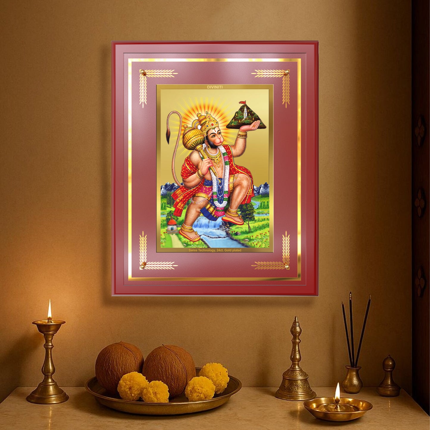 Hanuman Carrying Sanjeevani Mountain | Lord Hanuman Wall Mount Photo Frame in 24K Gold Plated Foil