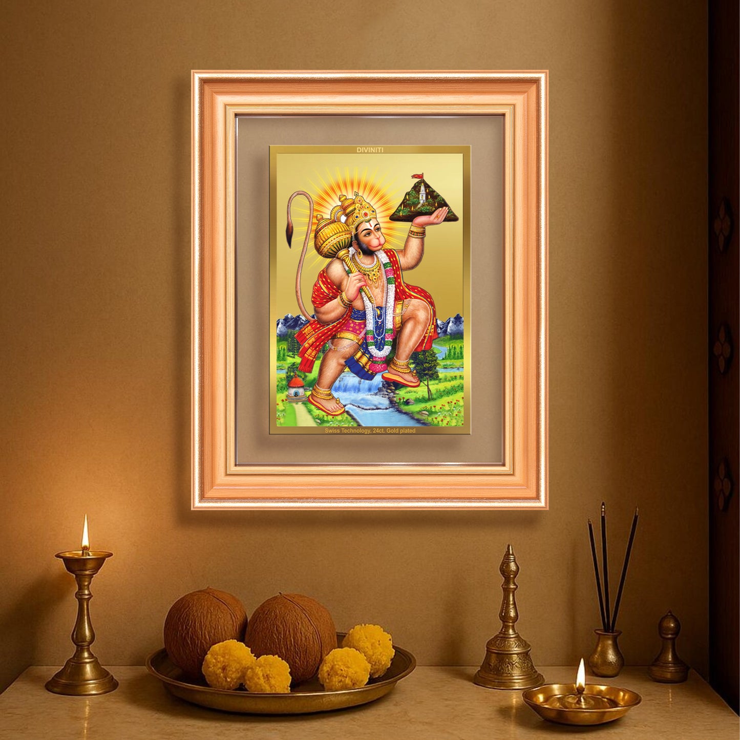 Hanuman Carrying Sanjeevani Mountain | Lord Hanuman Wall Mount Photo Frame in 24K Gold Plated Foil