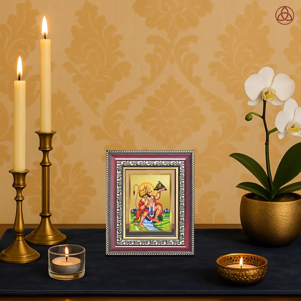 Hanuman Carrying Sanjeevani Mountain | Lord Hanuman Tabletop Frame in 24K Gold Plated Foil