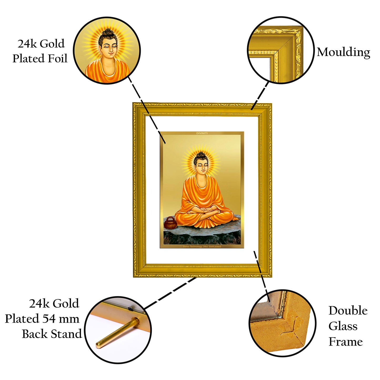 DIVINITI 24K Gold Plated Foil Lord Buddha Photo Frame Idol for Home Decor, Prayer, Workshop, Prayer, Gift|DG101 Size 2 (22.6x18.4 CM)