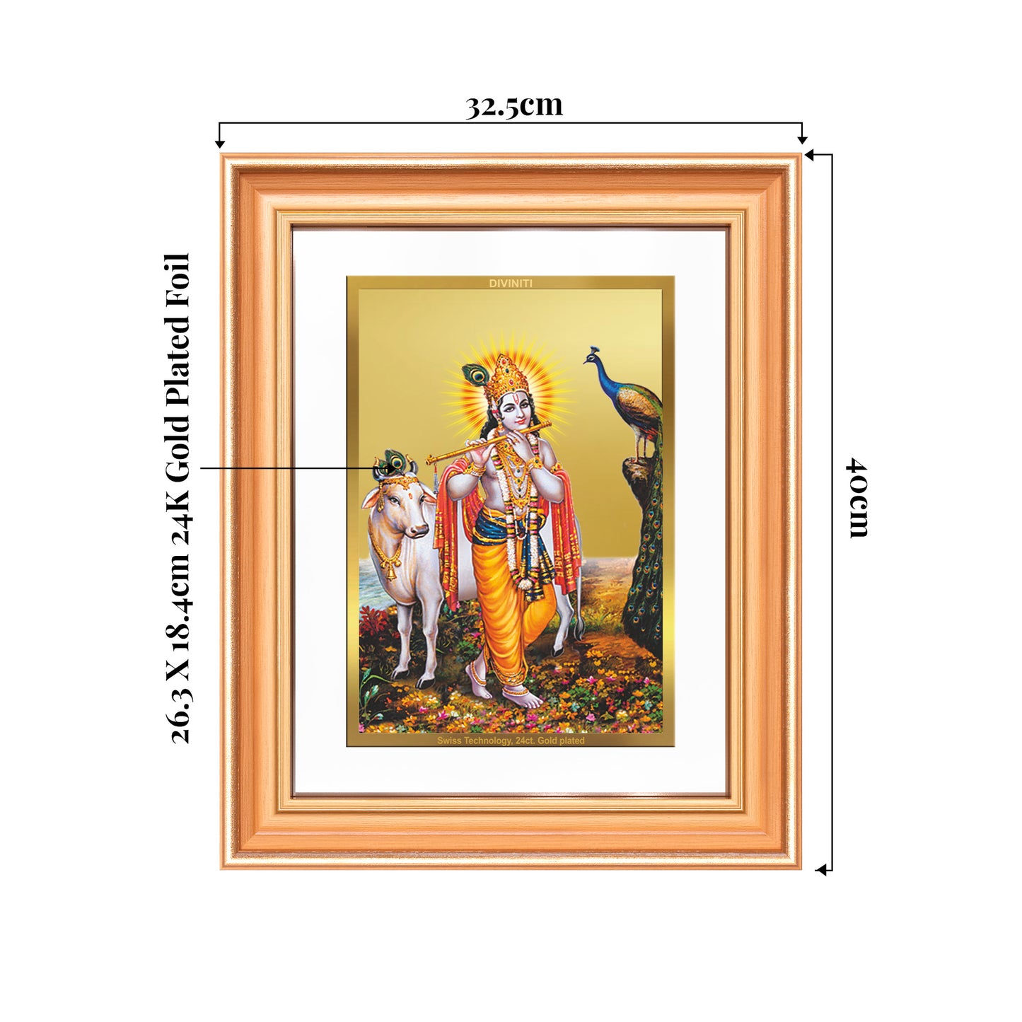 Lord Krishna with Surbhi Cow | Divine Wall Mount Photo Frame in 24K Gold Plated Foil