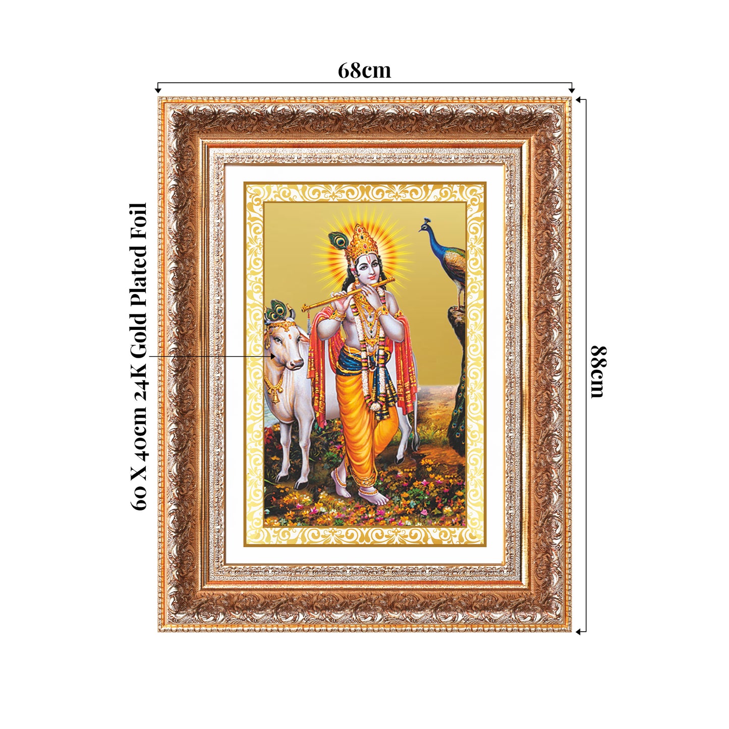 Lord Krishna with Surbhi Cow | Divine Wall Mount Photo Frame in 24K Gold Plated Foil