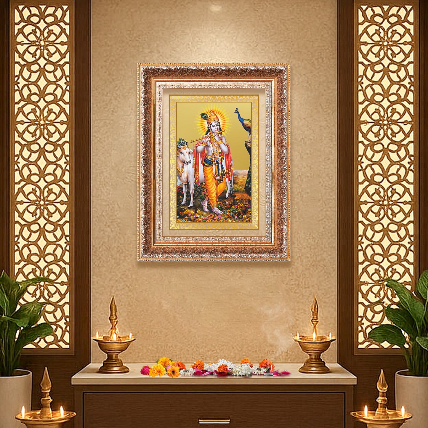 Lord Krishna with Surbhi Cow | Divine Wall Mount Photo Frame in 24K Gold Plated Foil