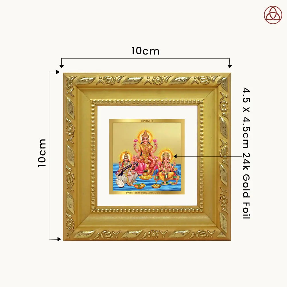 Goddess Lakshmi, Saraswati & Lord Ganesha | Divine Trio Tabletop Frame in 24K Gold Plated Foil