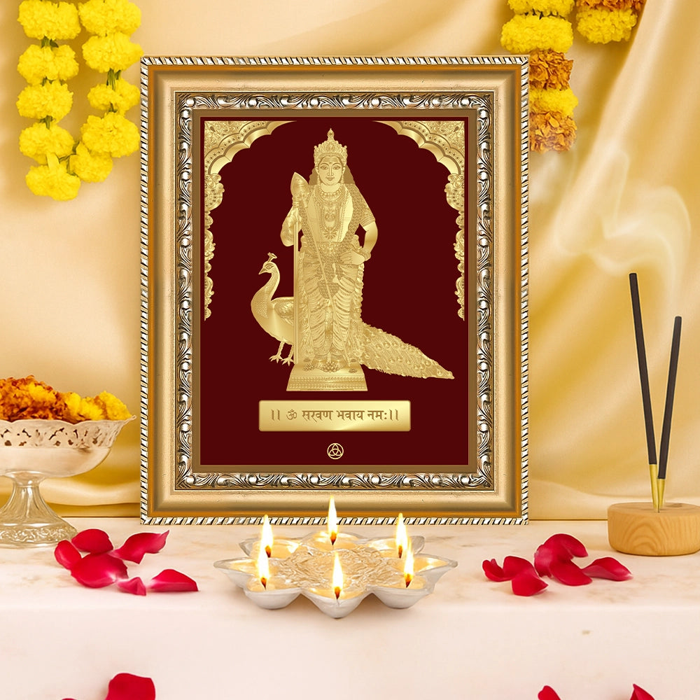 Lord Murugan | Divine Warrior God Gold on Gold Wall Hanging Frame in 24K Gold Plated Foil