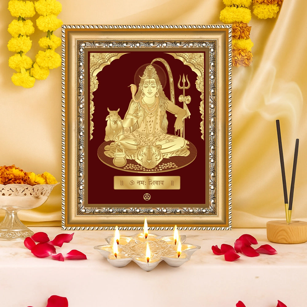 Lord Shiva with Nandi gold wall hanging frame, 24K gold plated, symbolizing divine love, devotion, and spiritual union.