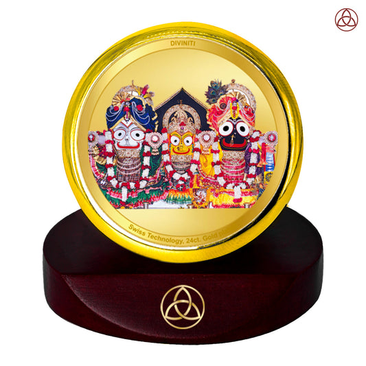 Diviniti 24K Gold Plated Lord Jagannath Photo Frame on wooden base, perfect for home decor and worship.