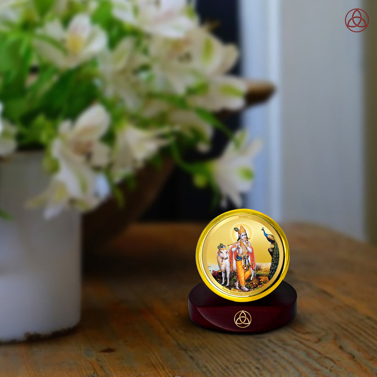 Lord Krishna with Surbhi Cow | Divine Car Dashboard Frame in 24K Gold Plated Foil
