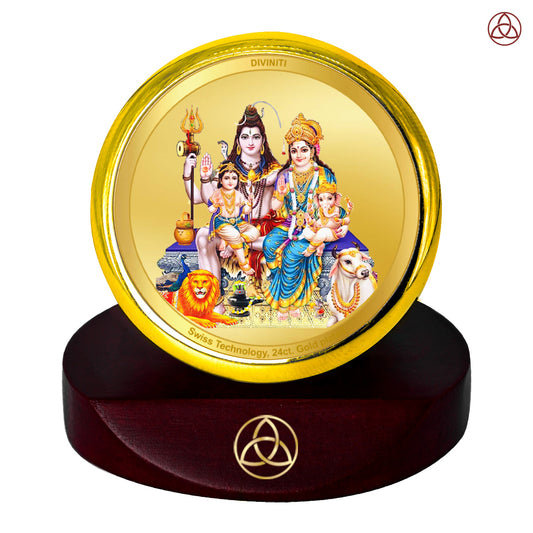 Diviniti 24K Gold Plated Shiv Parivar Photo Frame on wooden base for car dashboard and home decor.