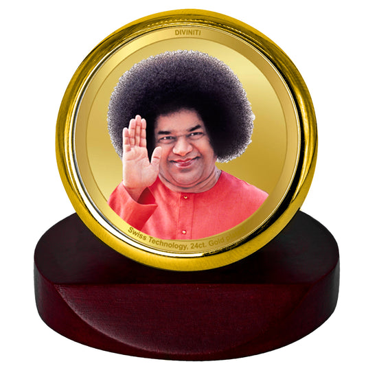 Diviniti 24K Gold Plated Sathya Sai Baba Photo Frame for Car Dashboard, Home Decor, Table Top, Puja Room Worship and Festival Gift MCF1CGOLD (5.5x5 CM)