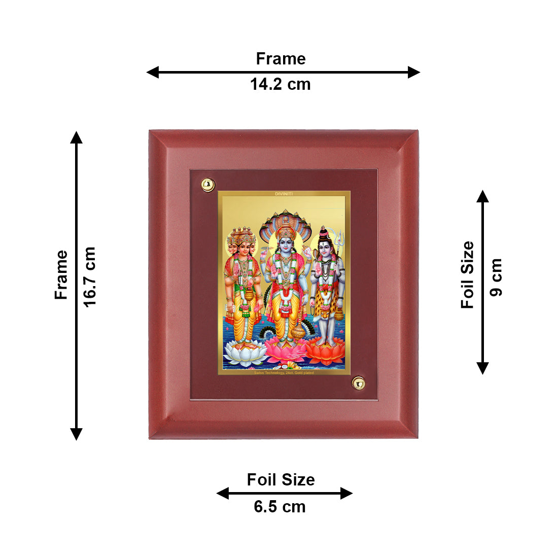 DIVINITI 24K Gold Plated Brahma Vishnu Mahesh Photo Frame for Wall Hanging, Home Decor, Table Tops, Puja Room, Gift|MDF Size 1 (16.7x14.2 CM)