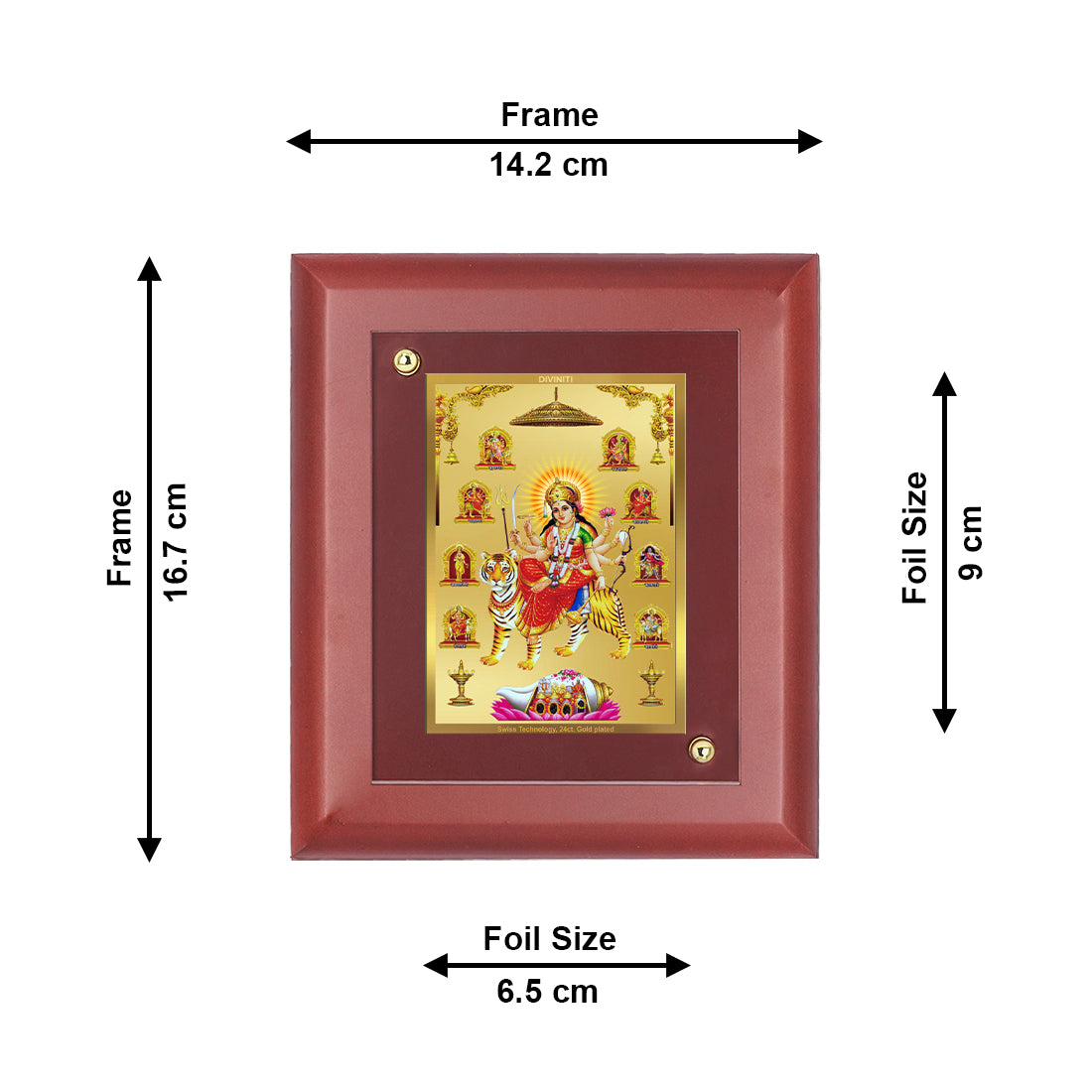 DIVINITI 24K Gold Plated Foil Nav Durga Classic Photo Frame Idol for Puja Room, Wall Hanging, Home Decor, Table Top, Gift|MDF Size 1 (16.7x14.2 CM)