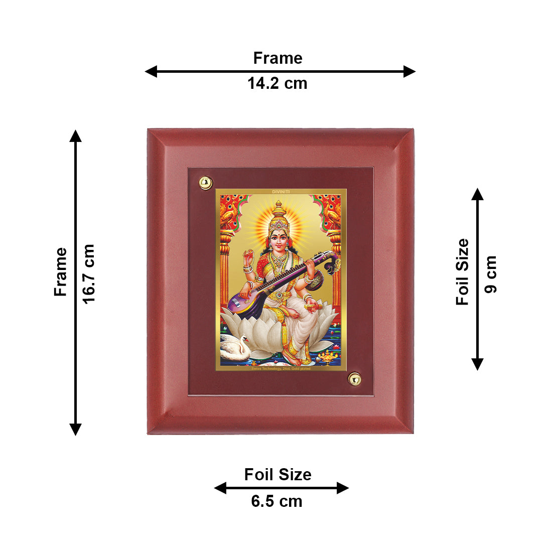 DIVINITI 24K Gold Plated Foil Goddess Saraswati Classic Wall Photo Frame Idol for Home & Office Decor, Table Top, Puja Room, Gift|MDF Size 1 (16.7x14.2 CM)