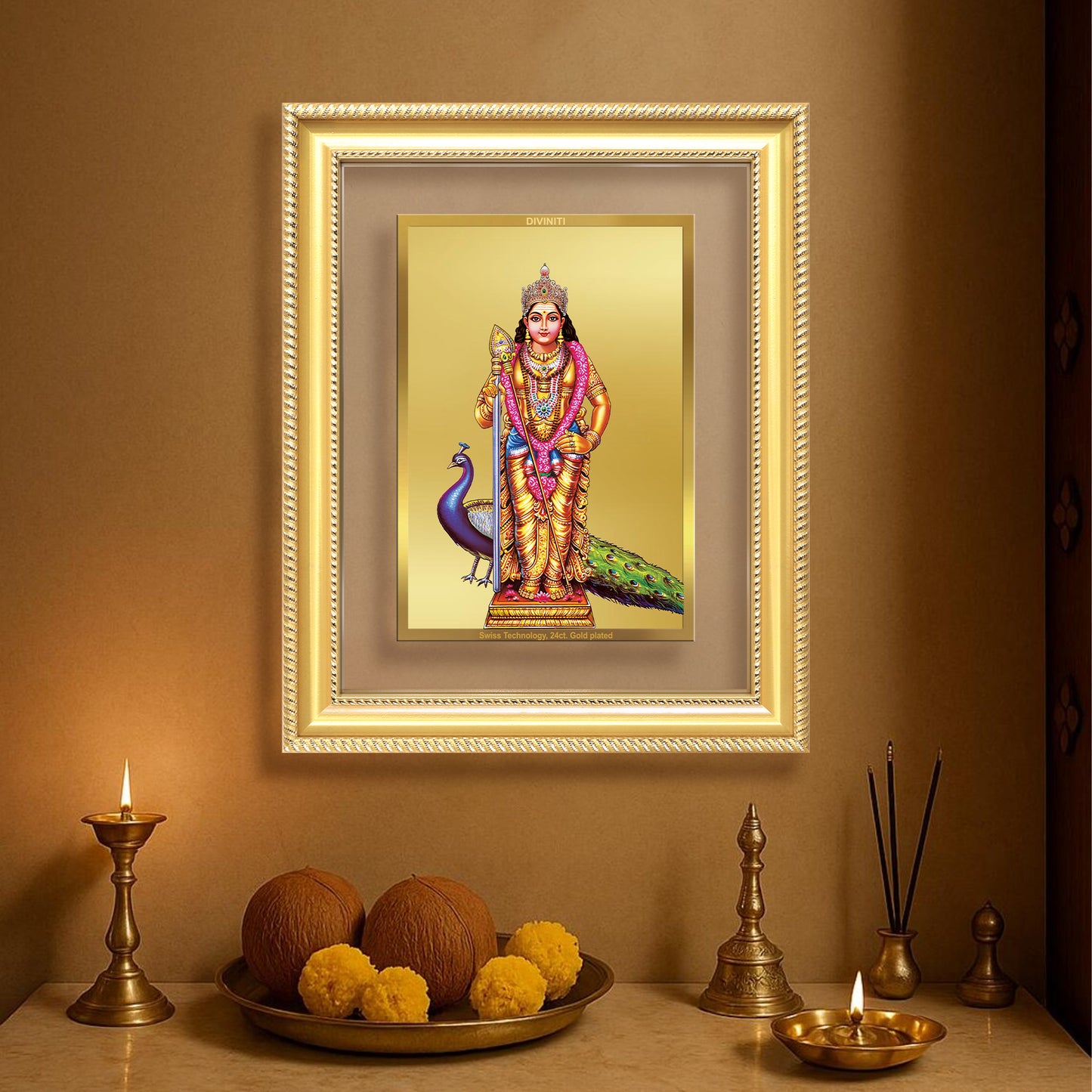 Lord Murugan | Divine Warrior God Wall Mount Photo Frame in 24K Gold Plated Foil