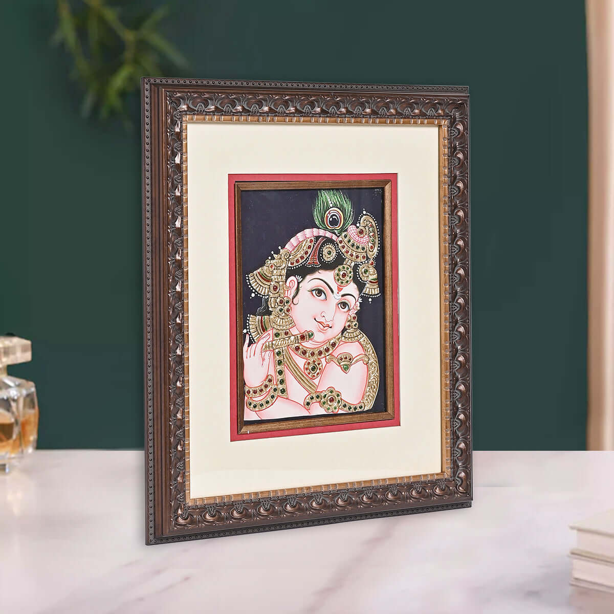 Tanjore Handmade Krishna Ji Face with Flute Wall Painting (33x5x39 cm)