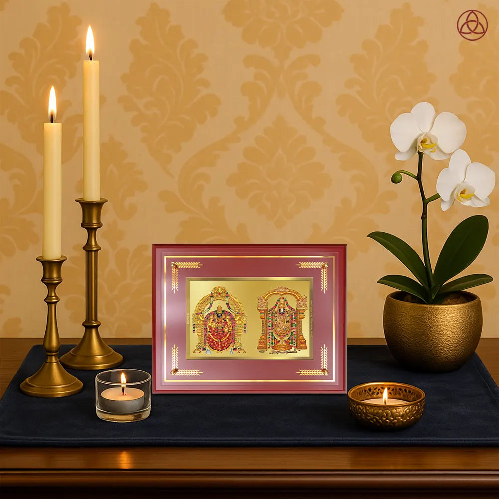Lord Venkateswara Tirupati Balaji & Goddess Padmavati | Divine Couple Wall & Tabletop Photo Frame in 24K Gold Plated Foil