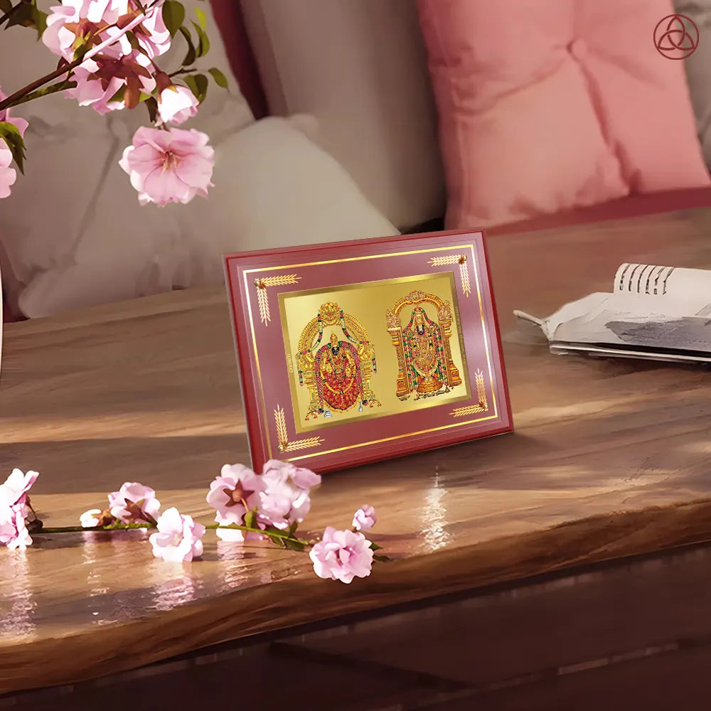 Lord Venkateswara Tirupati Balaji & Goddess Padmavati | Divine Couple Wall & Tabletop Photo Frame in 24K Gold Plated Foil