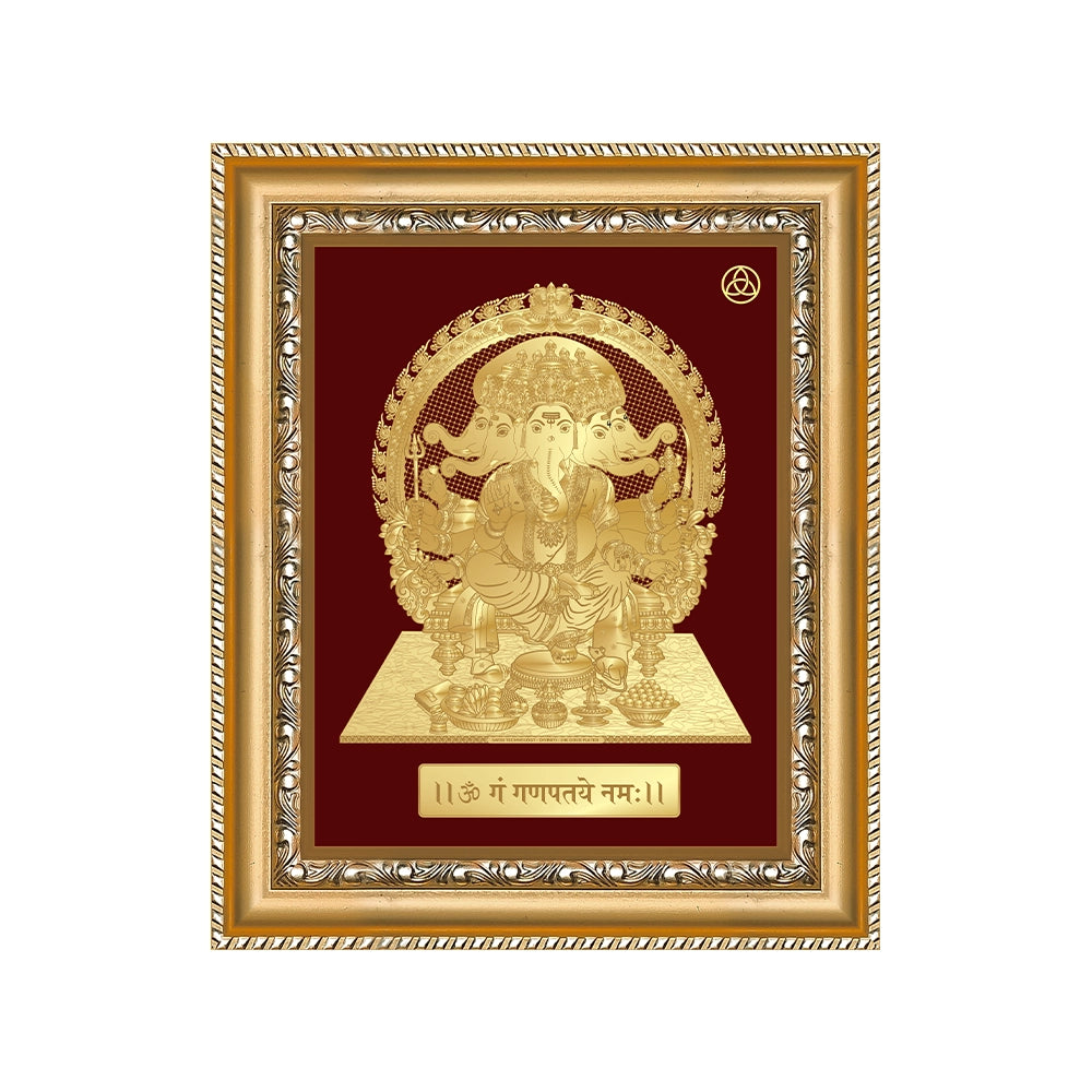 Paunchmukhi Ganesha wall hanging with a sophisticated frame that portrays divine love and devotion in 24K gold-plated foil.