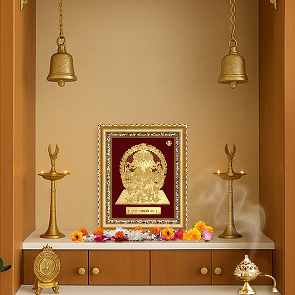 Paunchmukhi Ganesha ideal for prayer rooms and as a gift, this wall hanging in 24K gold foil represents harmony and devotion.