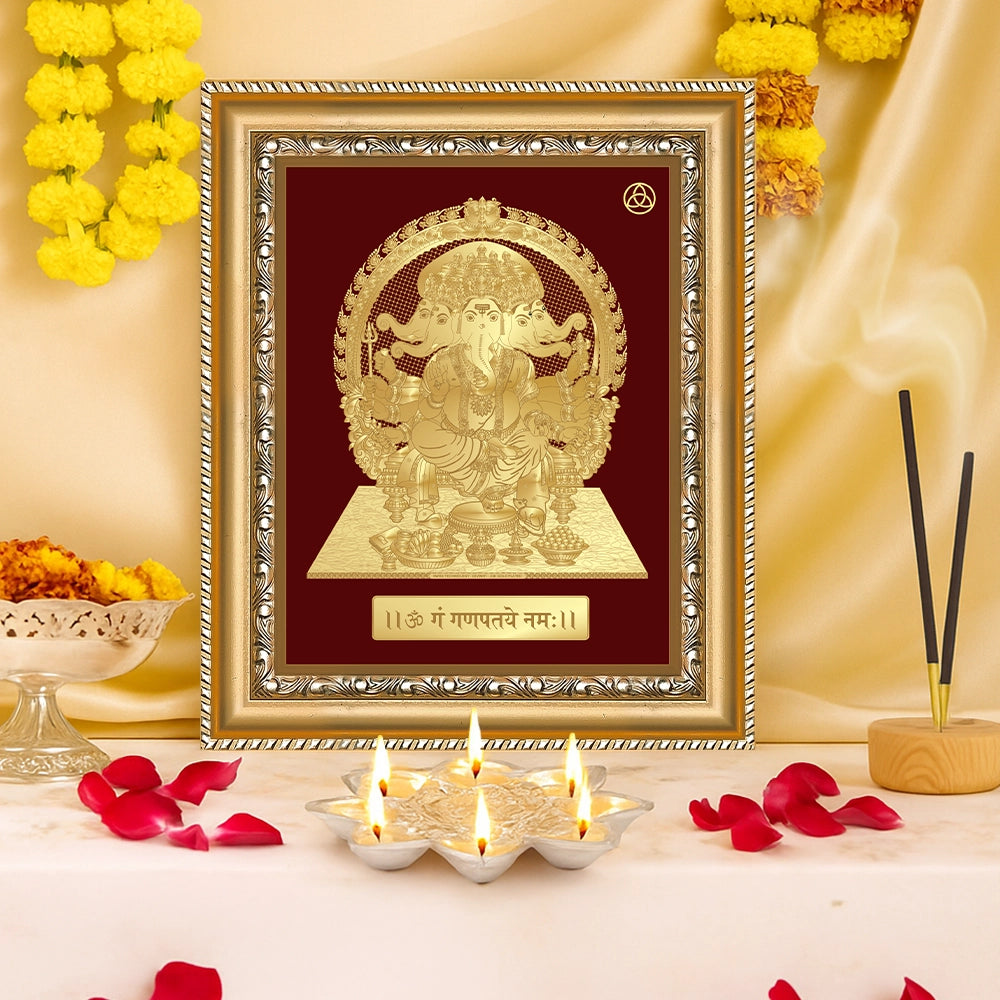 Paunchmukhi Ganesha This 24K gold-plated gold wall hanging frame represents spiritual unity, dedication, and heavenly love.