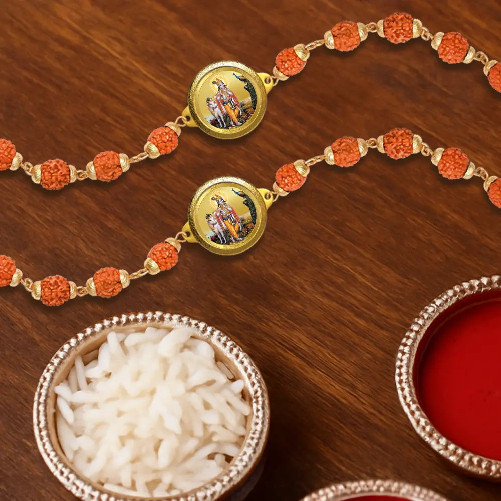 krishna with Surbhi Cow Rudraksha Bracelet with 22MM 24K Gold Plated Foil Divine Raksha Bandhan Gift