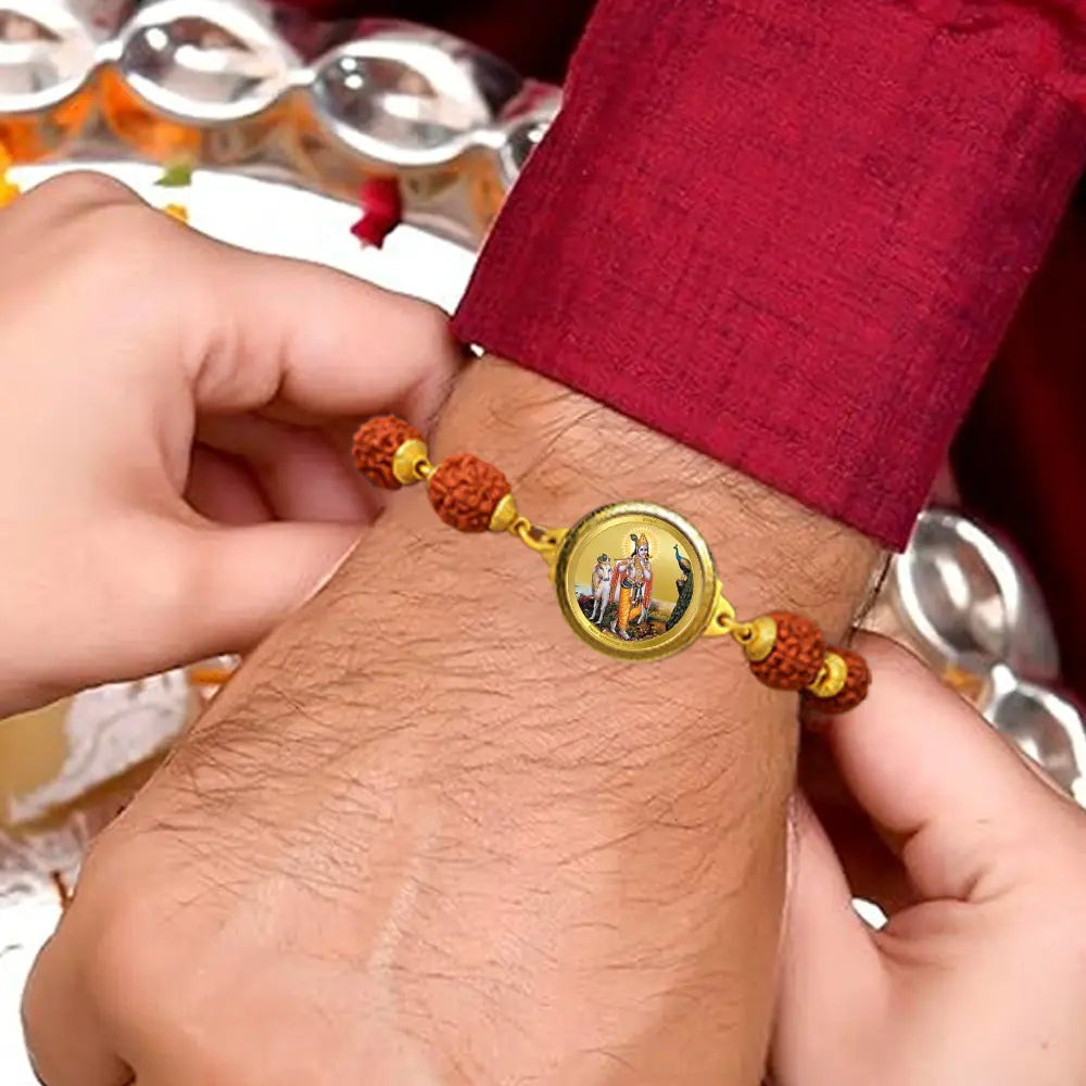 krishna with Surbhi Cow Rudraksha Bracelet with 24K Gold Plated Foil Divine Raksha Bandhan Gift