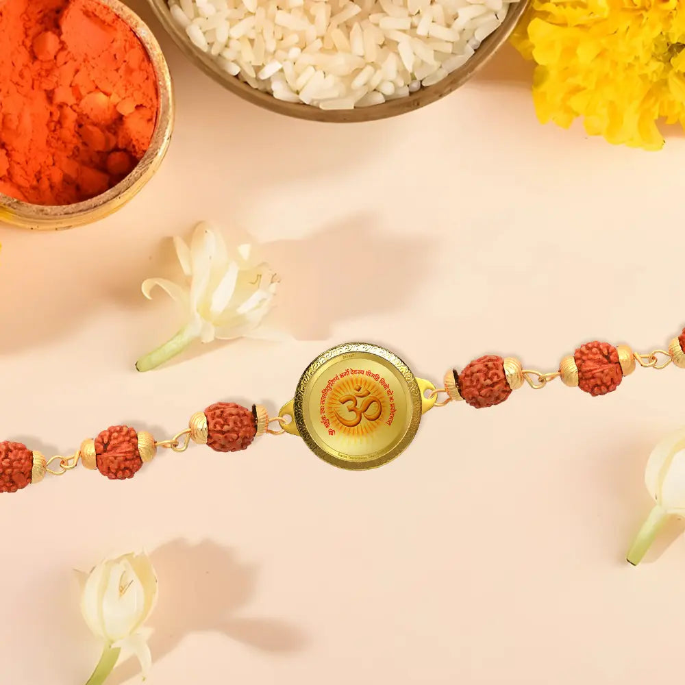 Om with Gayatri Mantra Rudraksha Bracelet with 22MM 24K Gold Plated Foil Divine Raksha Bandhan Gift