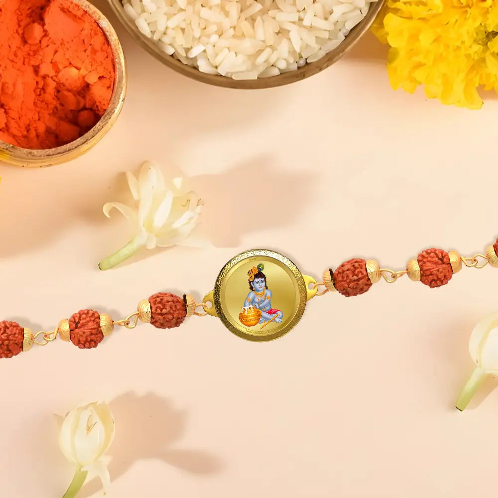 Makkan Laddu Gopal Rudraksha Bracelet with 22MM 24K Gold Plated Foil Divine Raksha Bandhan Gift