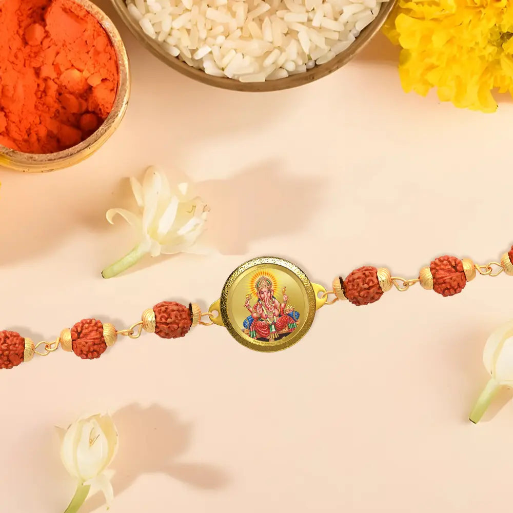 Ganesha Rudraksha Bracelet with 18MM 24K Gold Plated Foil Divine Raksha Bandhan Gift