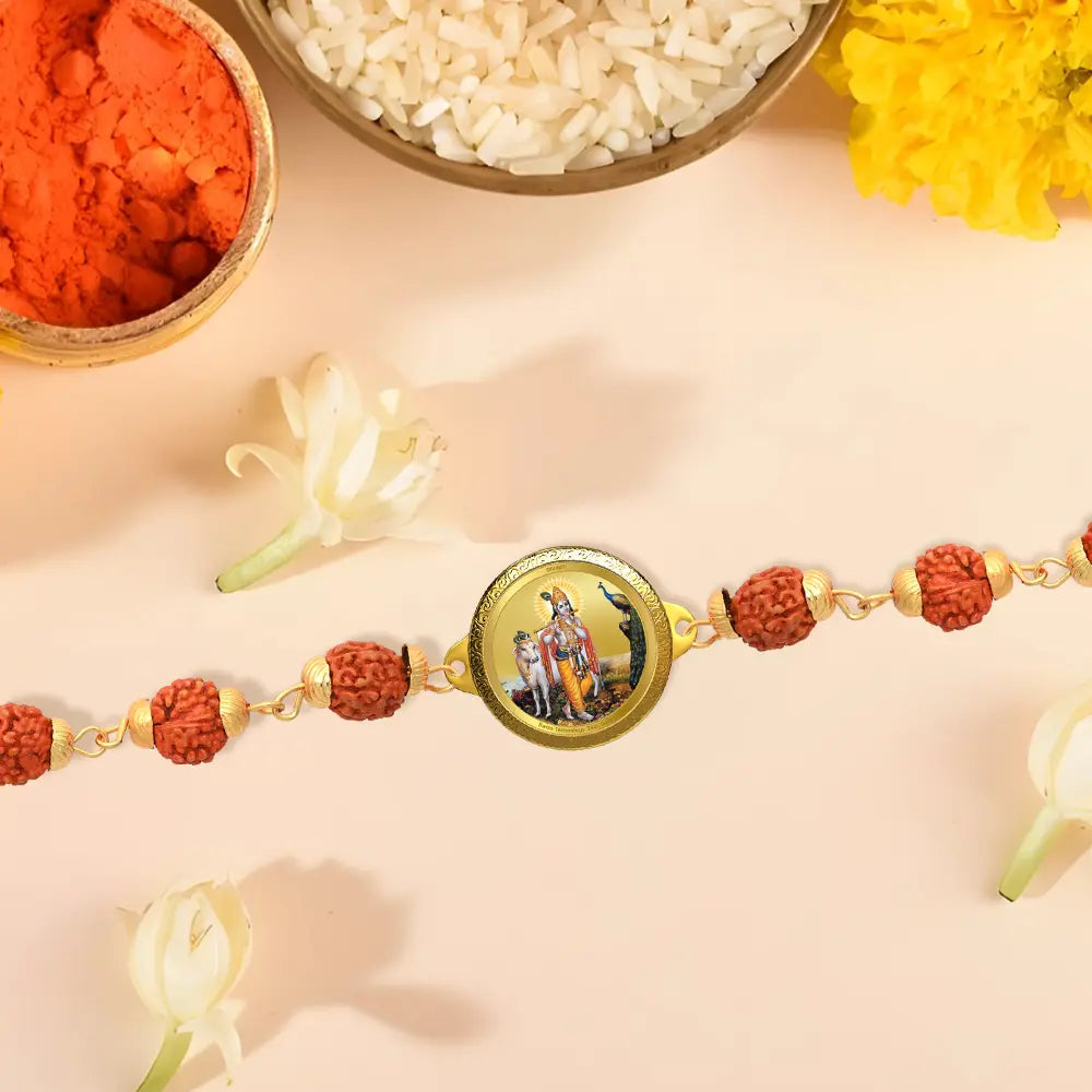krishna with Surbhi Cow Rudraksha Bracelet with 24K Gold Plated Foil Divine Raksha Bandhan Gift