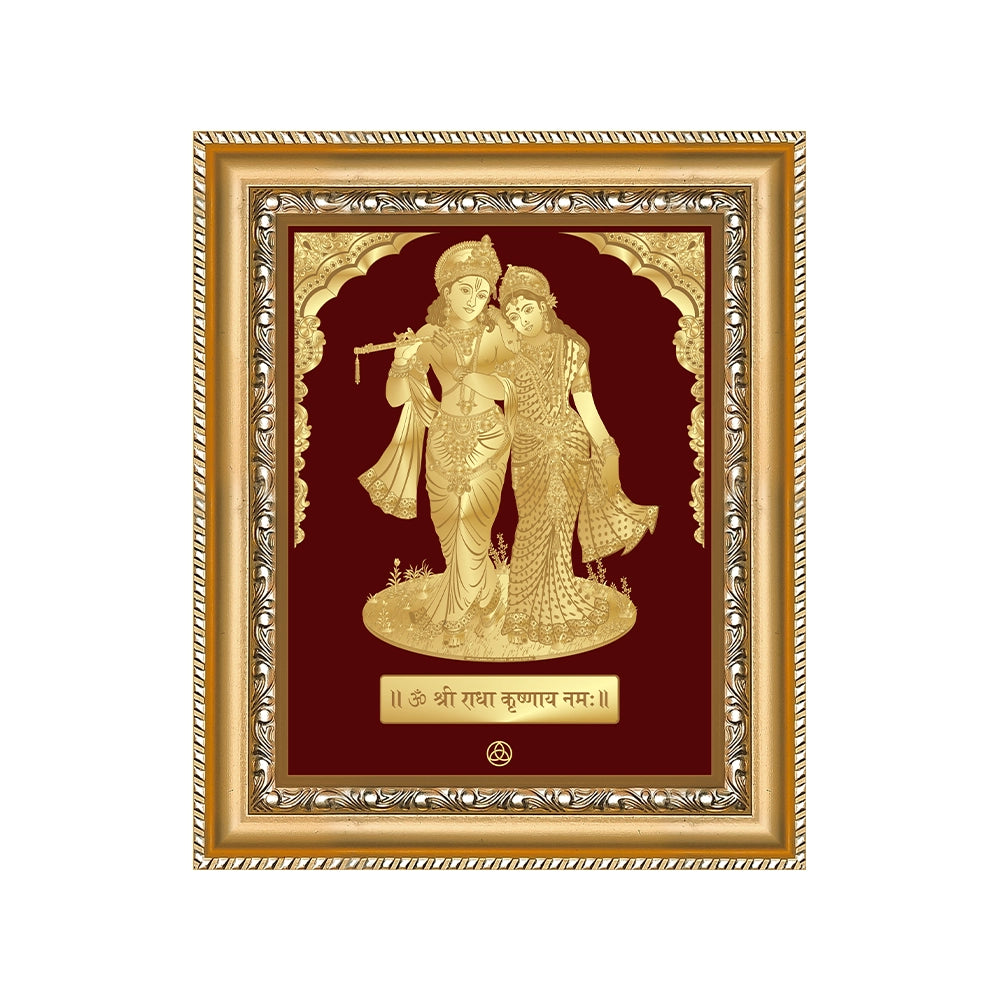 Radha Krishna wall hanging in 24K gold plated foil, symbolizing eternal love and devotion.